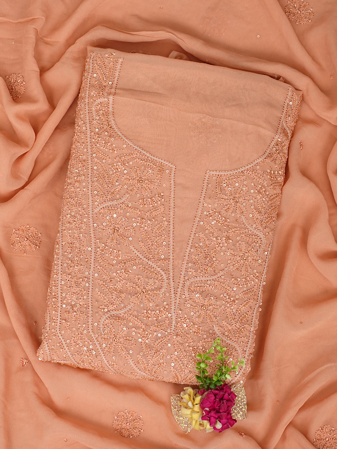 Ada Hand Embroidered Dusty Peach Viscose Georgette Lucknowi Chikankari Unstitched Kurta Dupatta Set With Cutdana Work 01A984097
