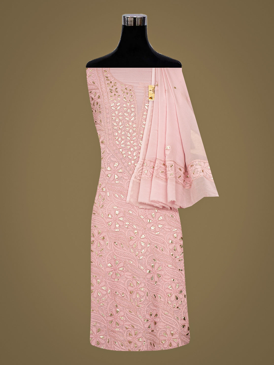 Ada Hand Embroidered Dusty Peach Viscose Georgette Lucknowi Chikankari Unstitched Kurta Dupatta Set With Gota Patti Work 01A984077