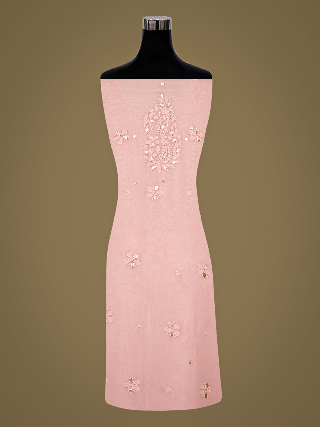 Ada Hand Embroidered Dusty Peach Viscose Georgette Lucknowi Chikankari Unstitched Kurta Dupatta Set With Gota Patti Work 01A984077