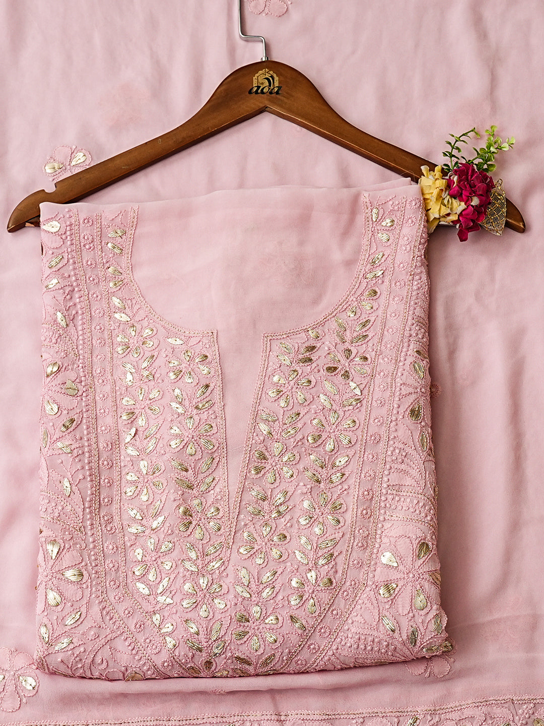 Ada Hand Embroidered Dusty Peach Viscose Georgette Lucknowi Chikankari Unstitched Kurta Dupatta Set With Gota Patti Work 01A984077