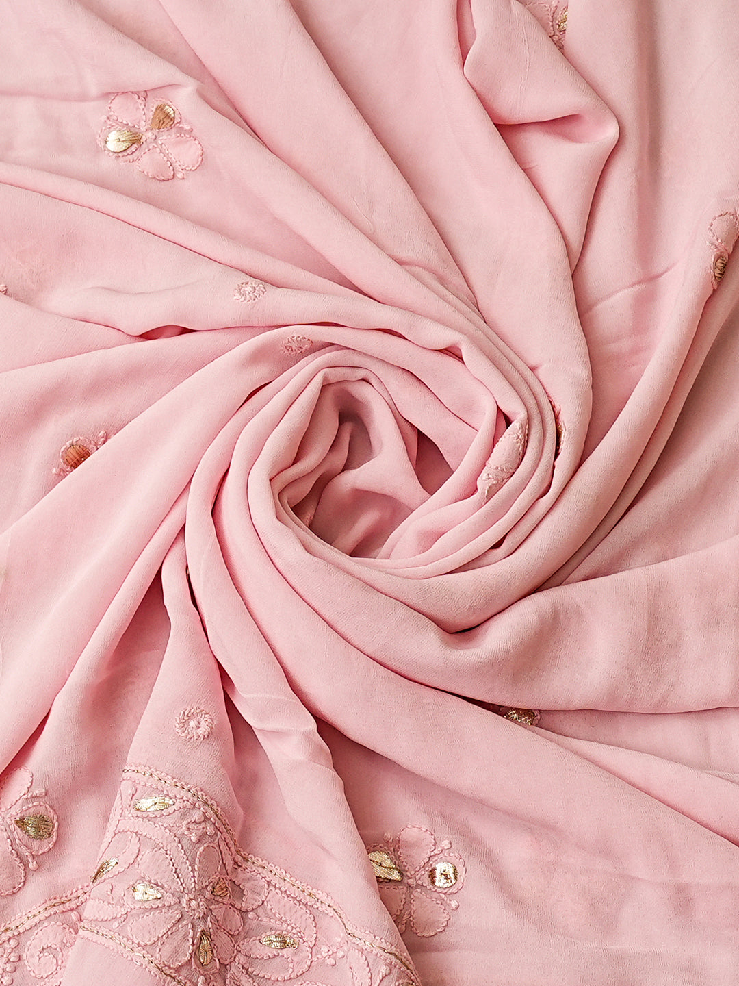 Ada Hand Embroidered Dusty Peach Viscose Georgette Lucknowi Chikankari Unstitched Kurta Dupatta Set With Gota Patti Work 01A984077