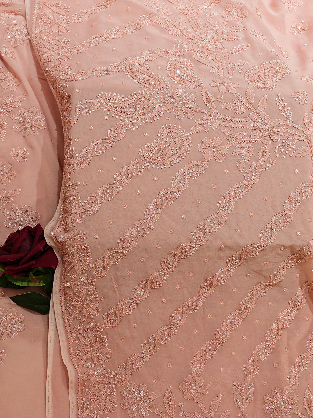 Ada Hand Embroidered Dusty Peach Viscose Georgette Lucknowi Chikankari Saree and Blouse With Cutdana Work 01A951058
