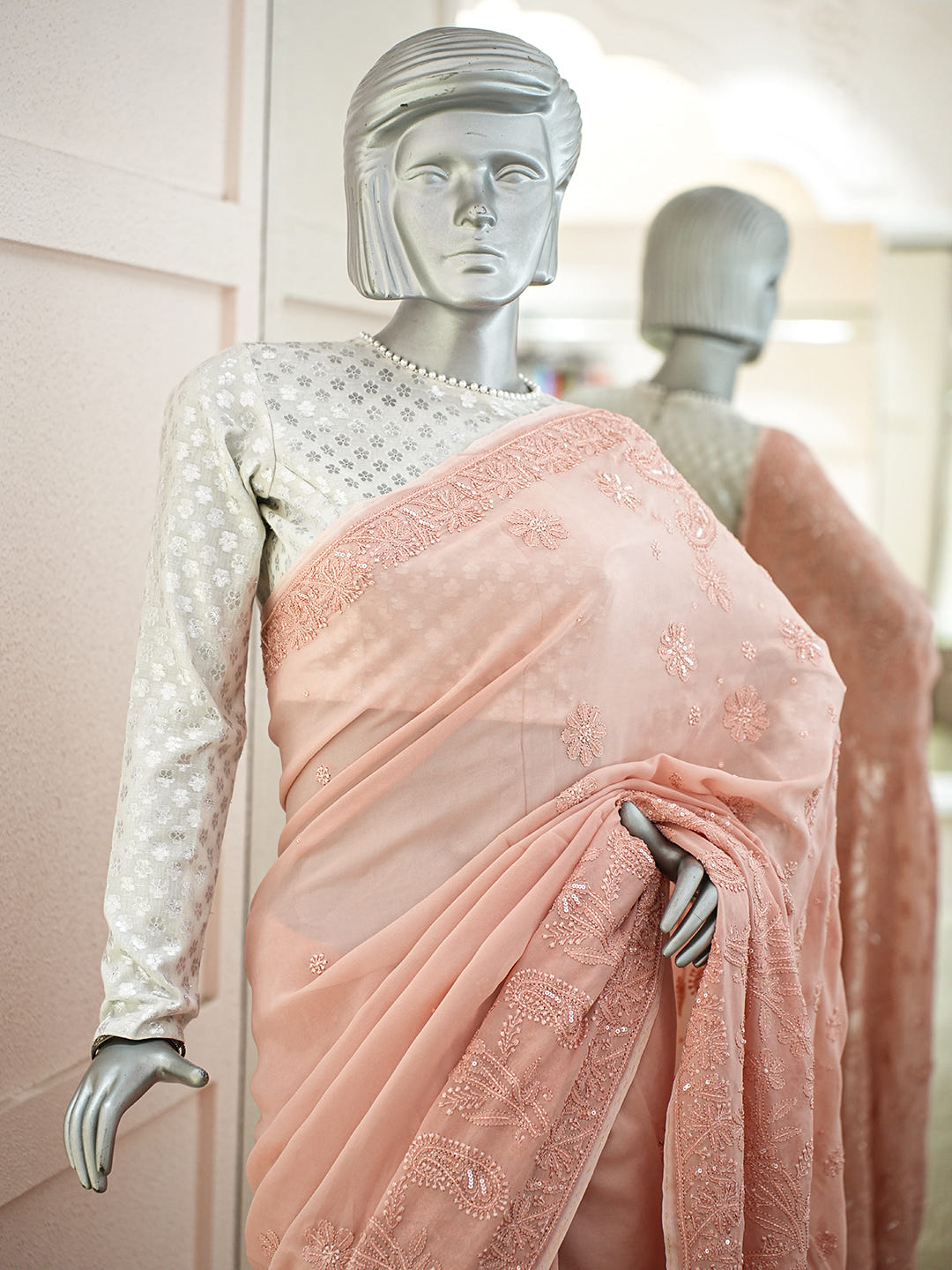 Ada Hand Embroidered Dusty Peach Viscose Georgette Lucknowi Chikankari Saree and Blouse With Cutdana Work 01A951058