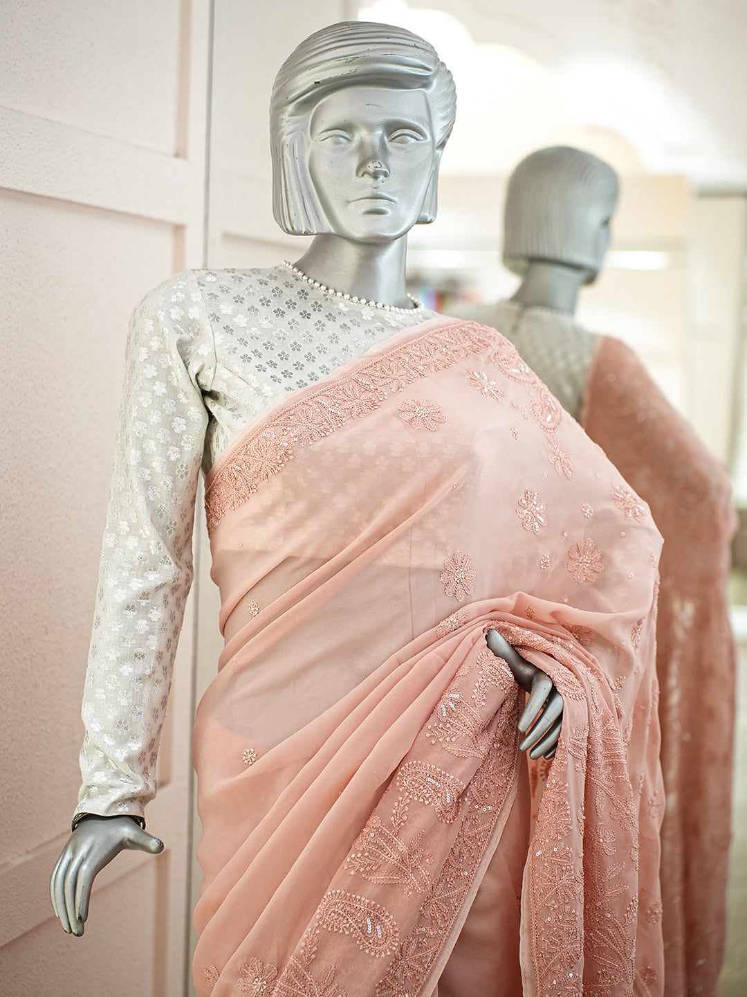 Ada Hand Embroidered Dusty Peach Viscose Georgette Lucknowi Chikankari Saree and Blouse With Cutdana Work 01A951058