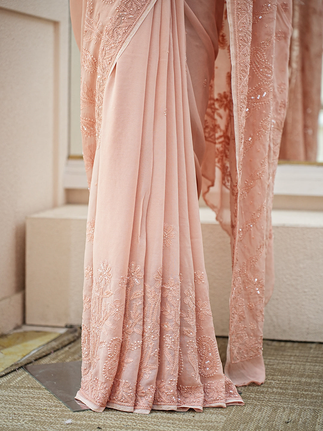 Ada Hand Embroidered Dusty Peach Viscose Georgette Lucknowi Chikankari Saree and Blouse With Cutdana Work 01A951058