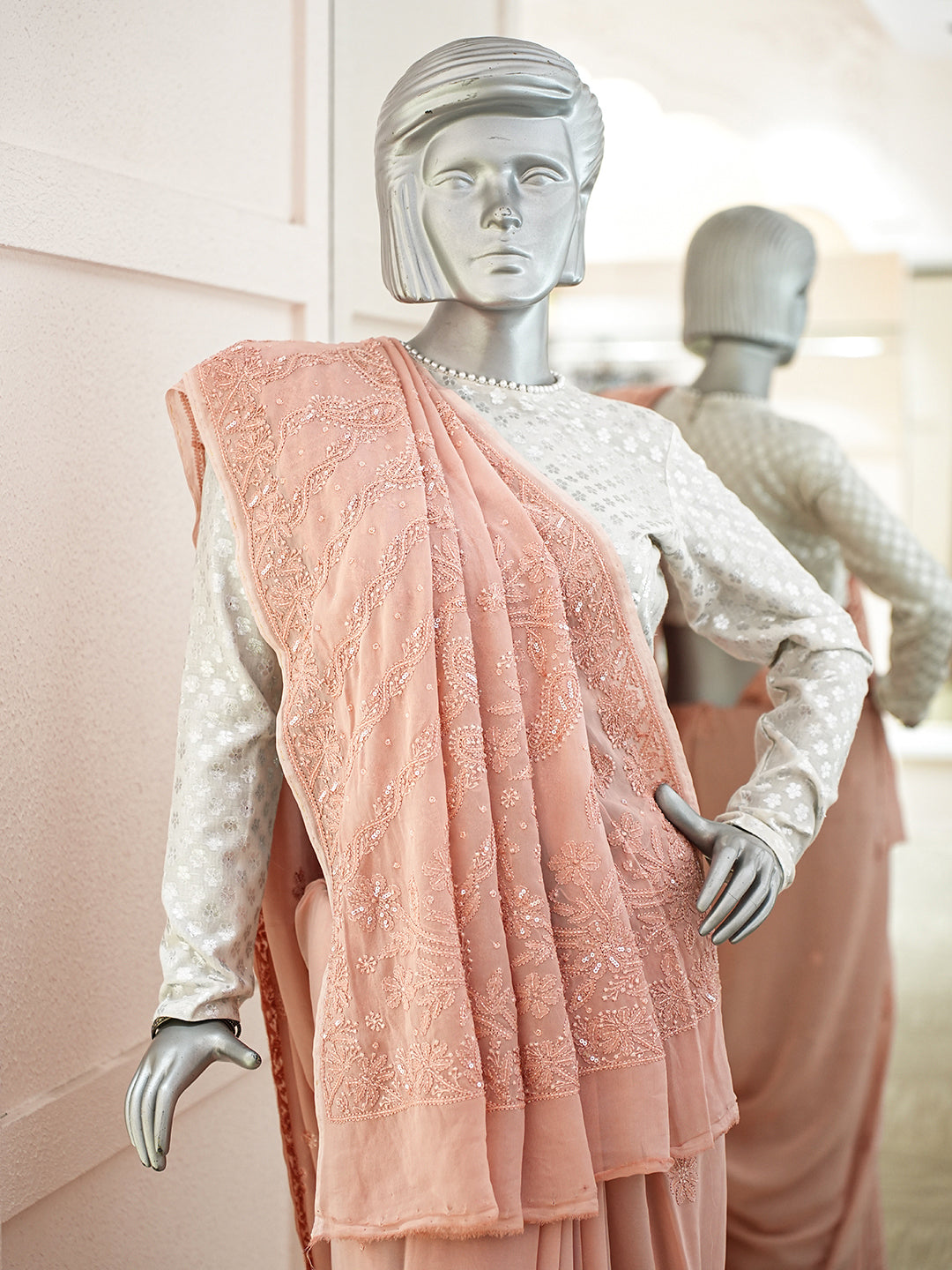 Ada Hand Embroidered Dusty Peach Viscose Georgette Lucknowi Chikankari Saree and Blouse With Cutdana Work 01A951058