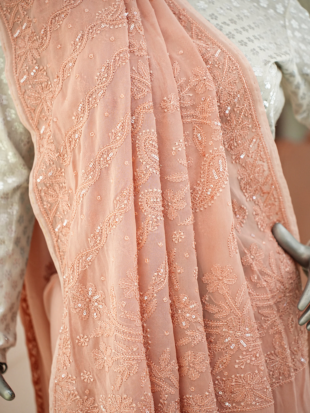 Ada Hand Embroidered Dusty Peach Viscose Georgette Lucknowi Chikankari Saree and Blouse With Cutdana Work 01A951058