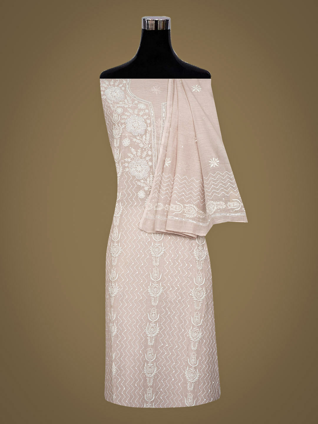 Ada Hand Embroidered Dusty Pink Chanderi Lucknowi Chikankari Semi-stitched Kurta Dupatta Set With Cutdana Work 07A500800