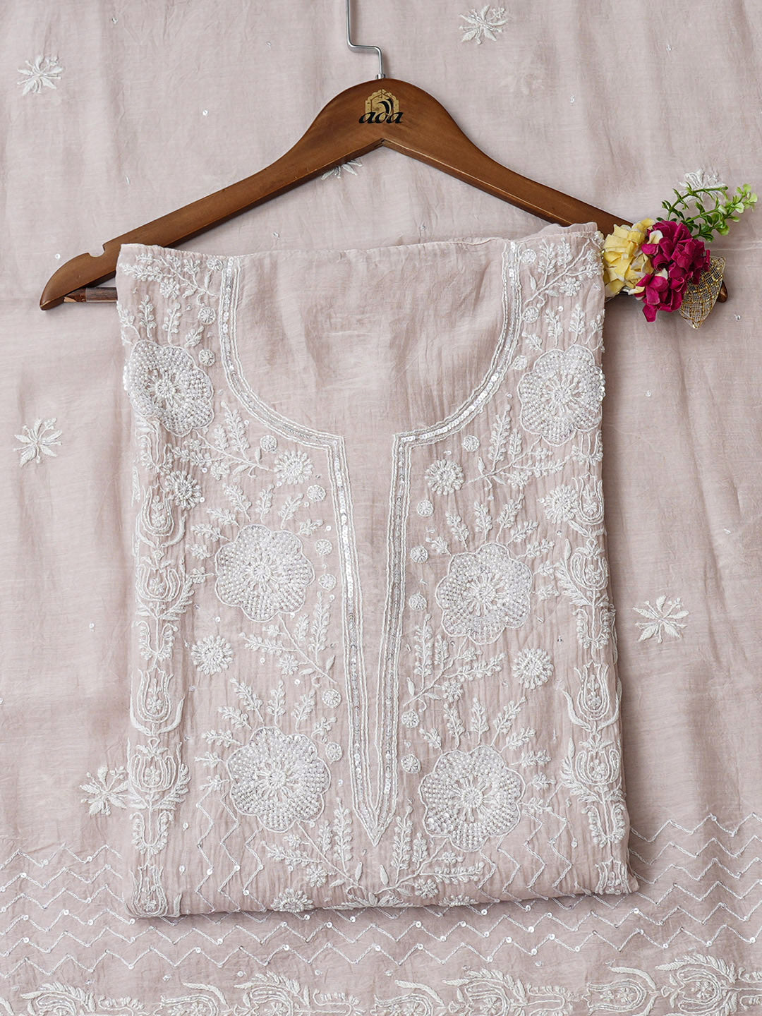 Ada Hand Embroidered Dusty Pink Chanderi Lucknowi Chikankari Semi-stitched Kurta Dupatta Set With Cutdana Work 07A500800
