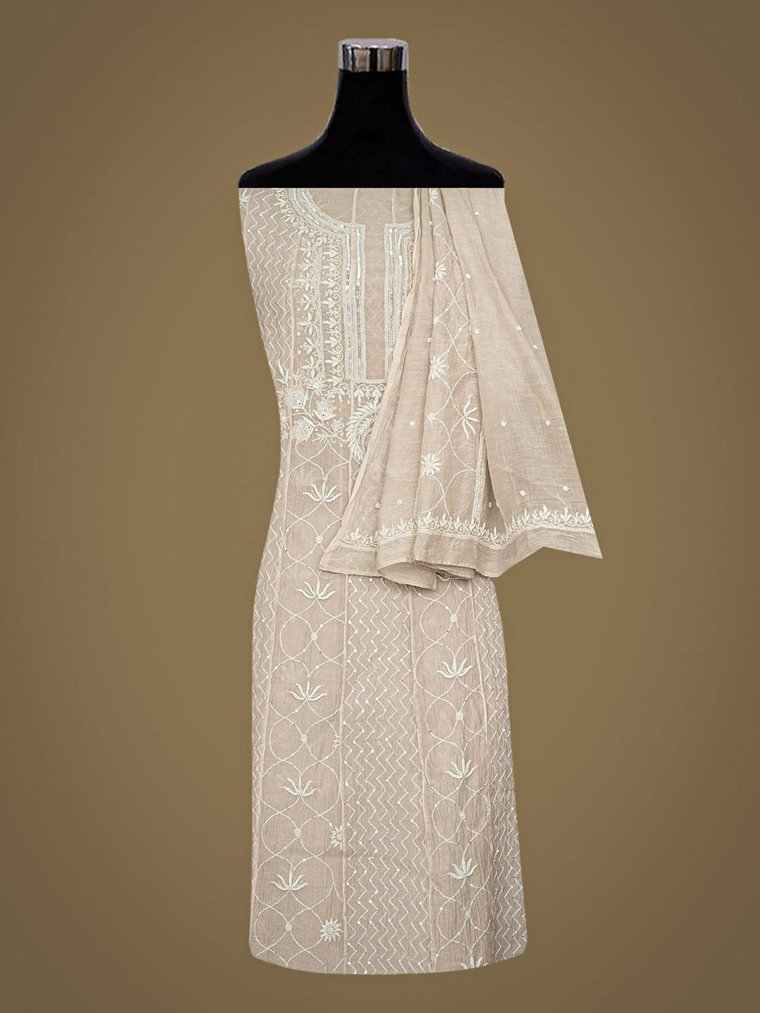 Ada Hand Embroidered Dusty Pink Chanderi Lucknowi Chikankari Semi-Stitched Kurta Dupatta Set With Cutdana Work 07A501583