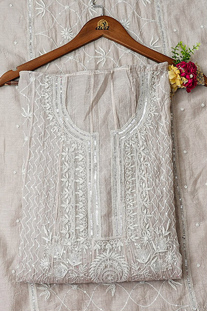 Ada Hand Embroidered Dusty Pink Chanderi Lucknowi Chikankari Semi-Stitched Kurta Dupatta Set With Cutdana Work 07A501583