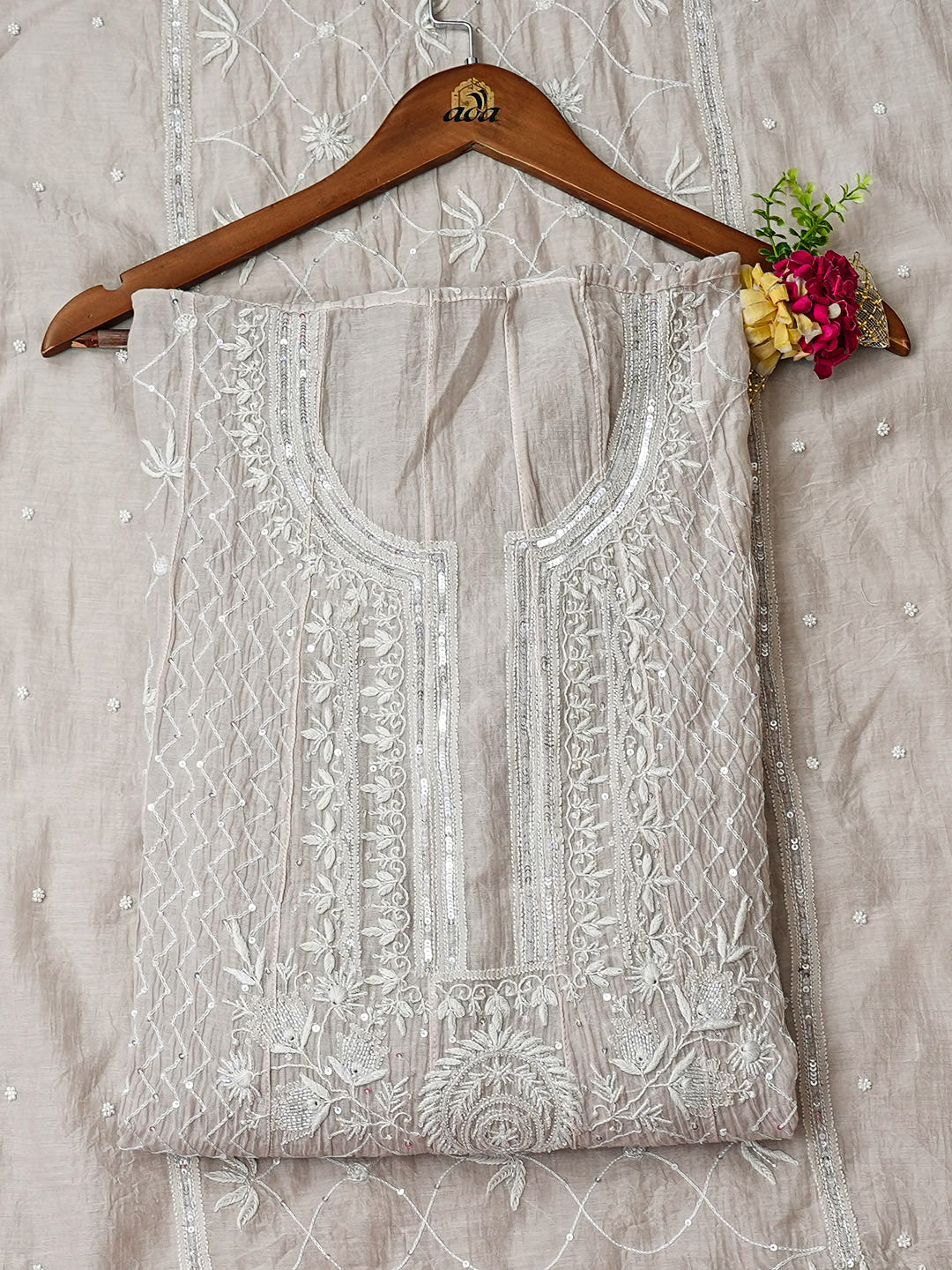 Ada Hand Embroidered Dusty Pink Chanderi Lucknowi Chikankari Semi Unstitched Kurta Dupatta Set With Cutdana Work 07A501583