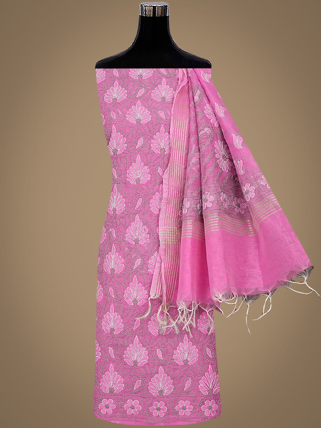 Ada Hand Embroidered Dusty Pink Chanderi Lucknowi Chikankari Unstitched Kurta Dupatta Set 01A920964