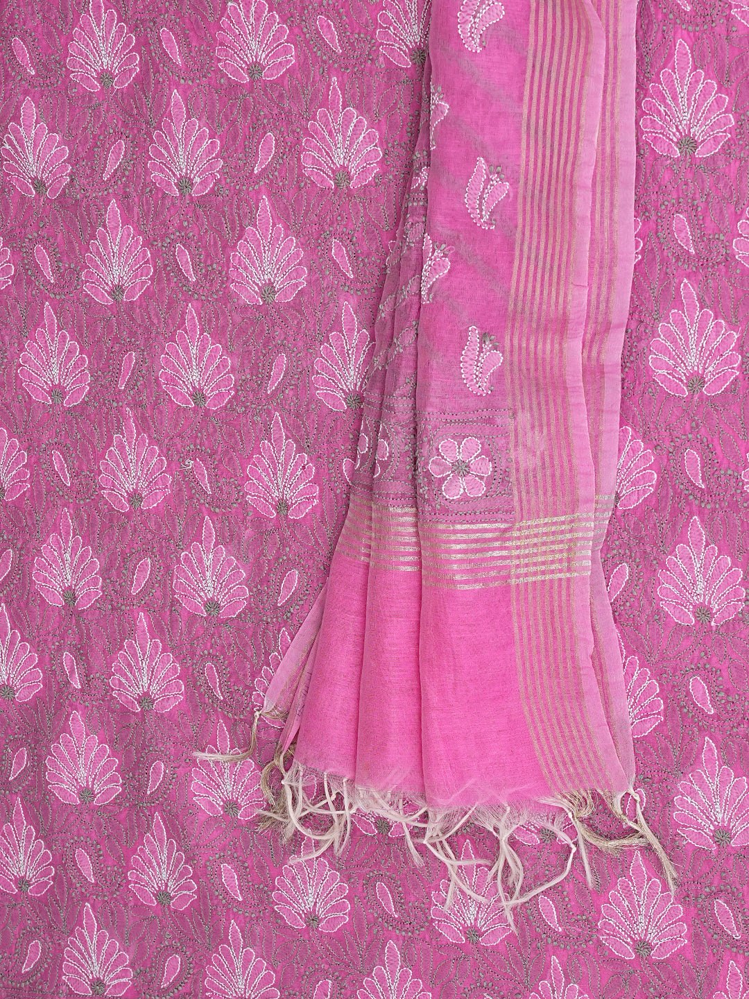 Ada Hand Embroidered Dusty Pink Chanderi Lucknowi Chikankari Unstitched Kurta Dupatta Set 01A920964
