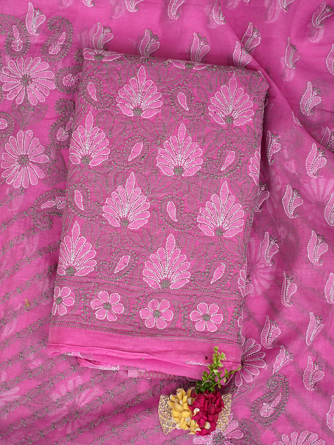Ada Hand Embroidered Dusty Pink Chanderi Lucknowi Chikankari Unstitched Kurta Dupatta Set 01A920964