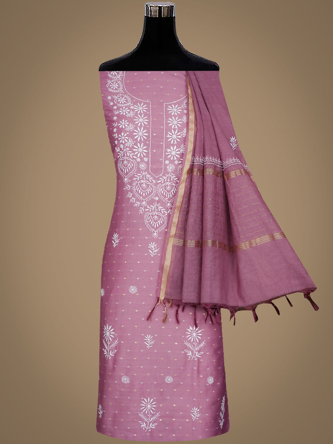 Ada Hand Embroidered Dusty Pink Chanderi Lucknowi Chikankari Unstitched Suit Piece 01A989938