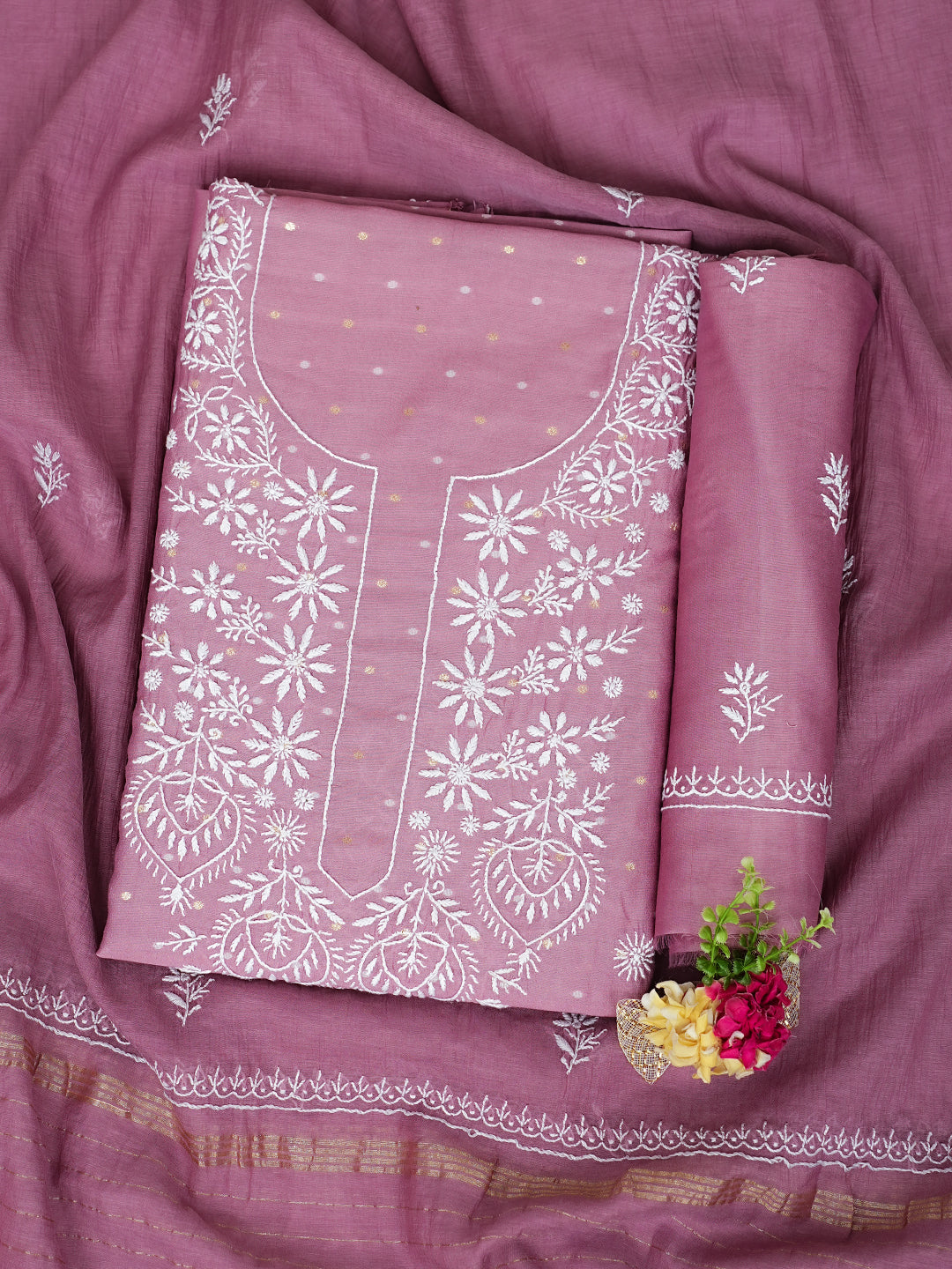 Ada Hand Embroidered Dusty Pink Chanderi Lucknowi Chikankari Unstitched Suit Piece 01A989938