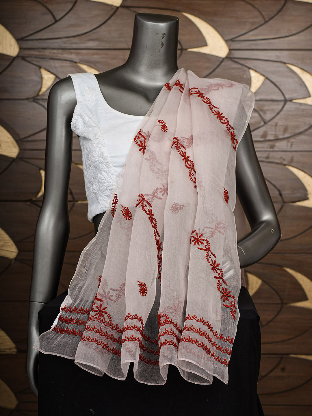 Ada Hand Embroidered Dusty Pink Organza Lucknowi Chikankari Dupatta 07A501207