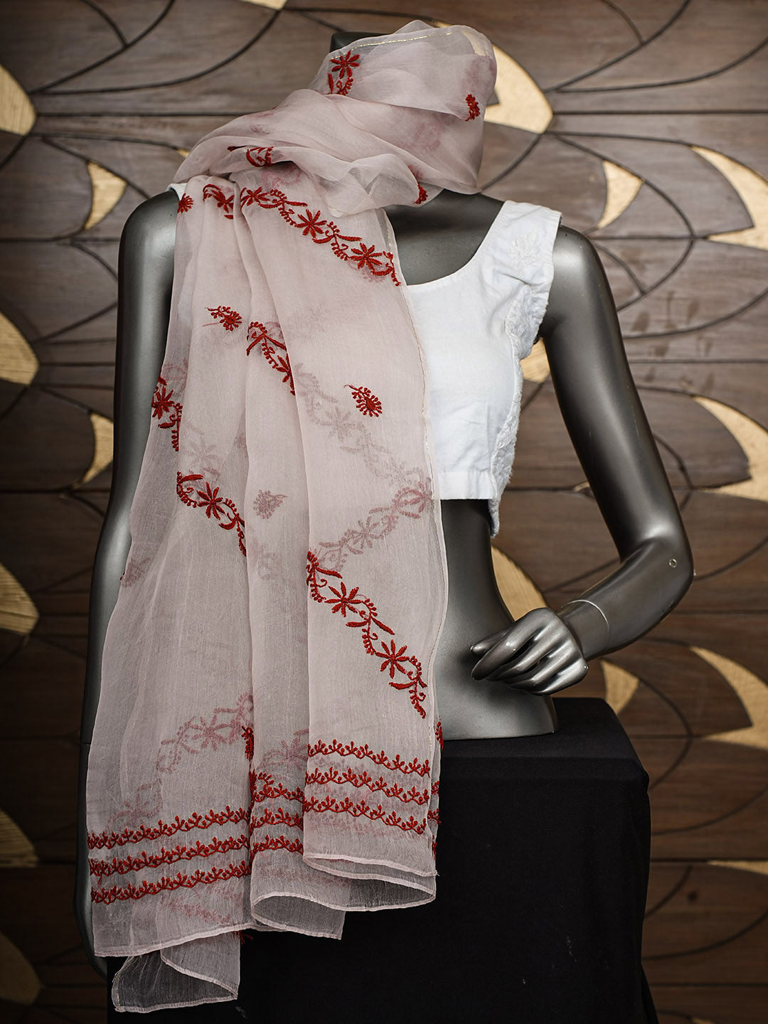 Ada Hand Embroidered Dusty Pink Organza Lucknowi Chikankari Dupatta 07A501207