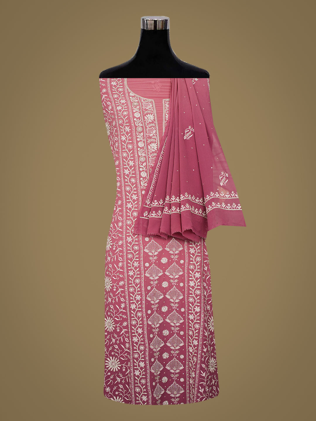 Ada Hand Embroidered Dusty Pink Pure Georgette Lucknowi Chikankari Unstitched Kurta Dupatta Set With Cutdana Work 01A902061