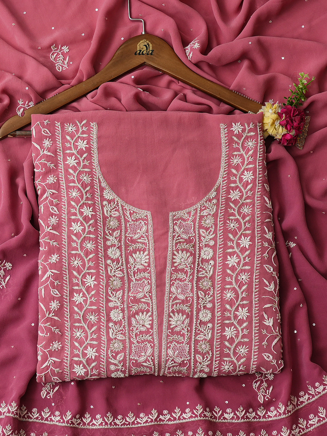 Ada Hand Embroidered Dusty Pink Pure Georgette Lucknowi Chikankari Unstitched Kurta Dupatta Set With Cutdana Work 01A902061
