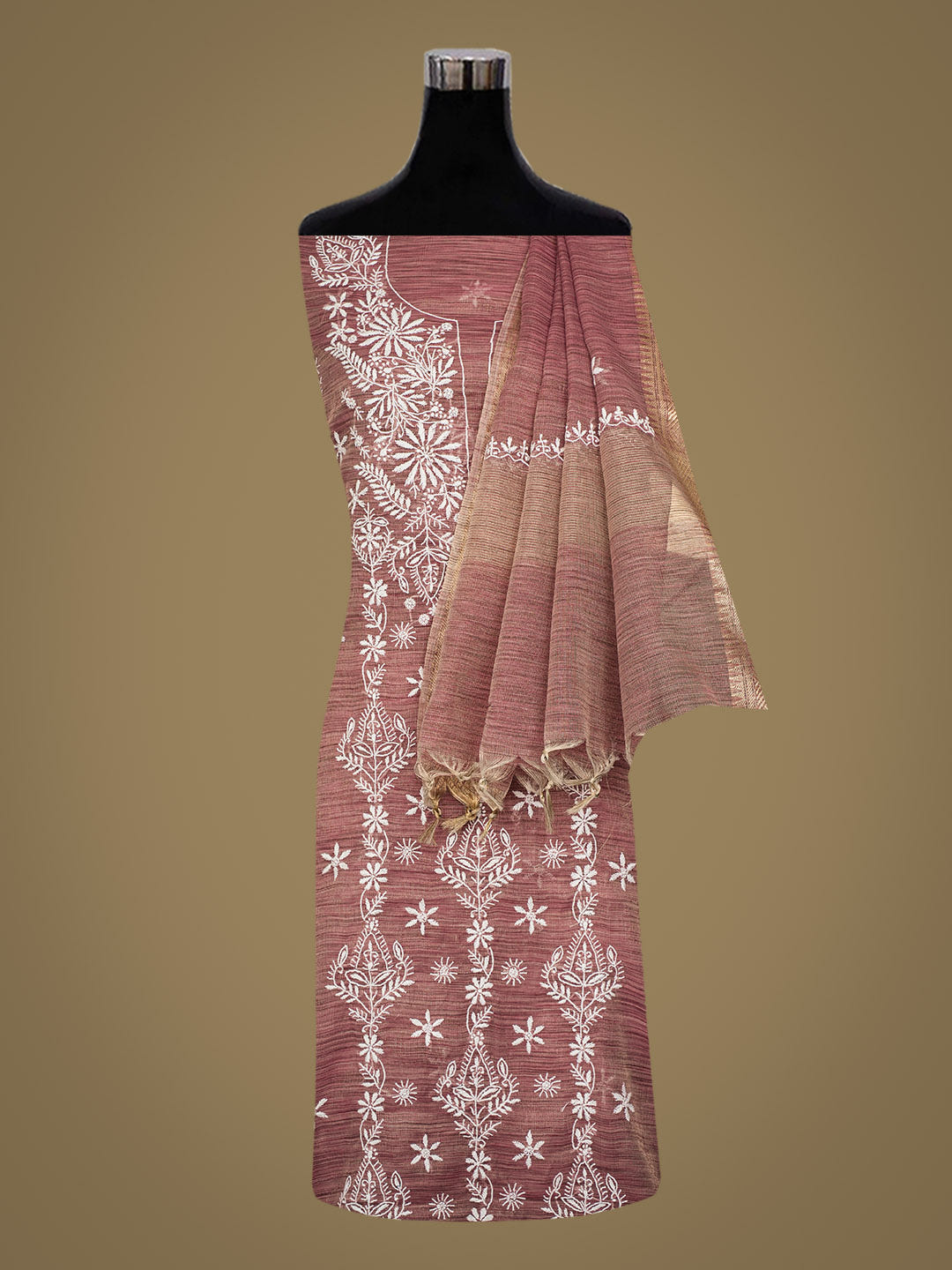 Ada Hand Embroidered Dusty Pink Tissue Lucknowi Chikankari Unstitched Kurta Dupatta Set 01A991631