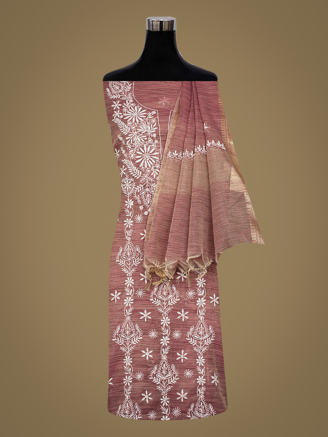 Ada Hand Embroidered Dusty Pink Tissue Lucknowi Chikankari Unstitched Kurta Dupatta Set 01A991631