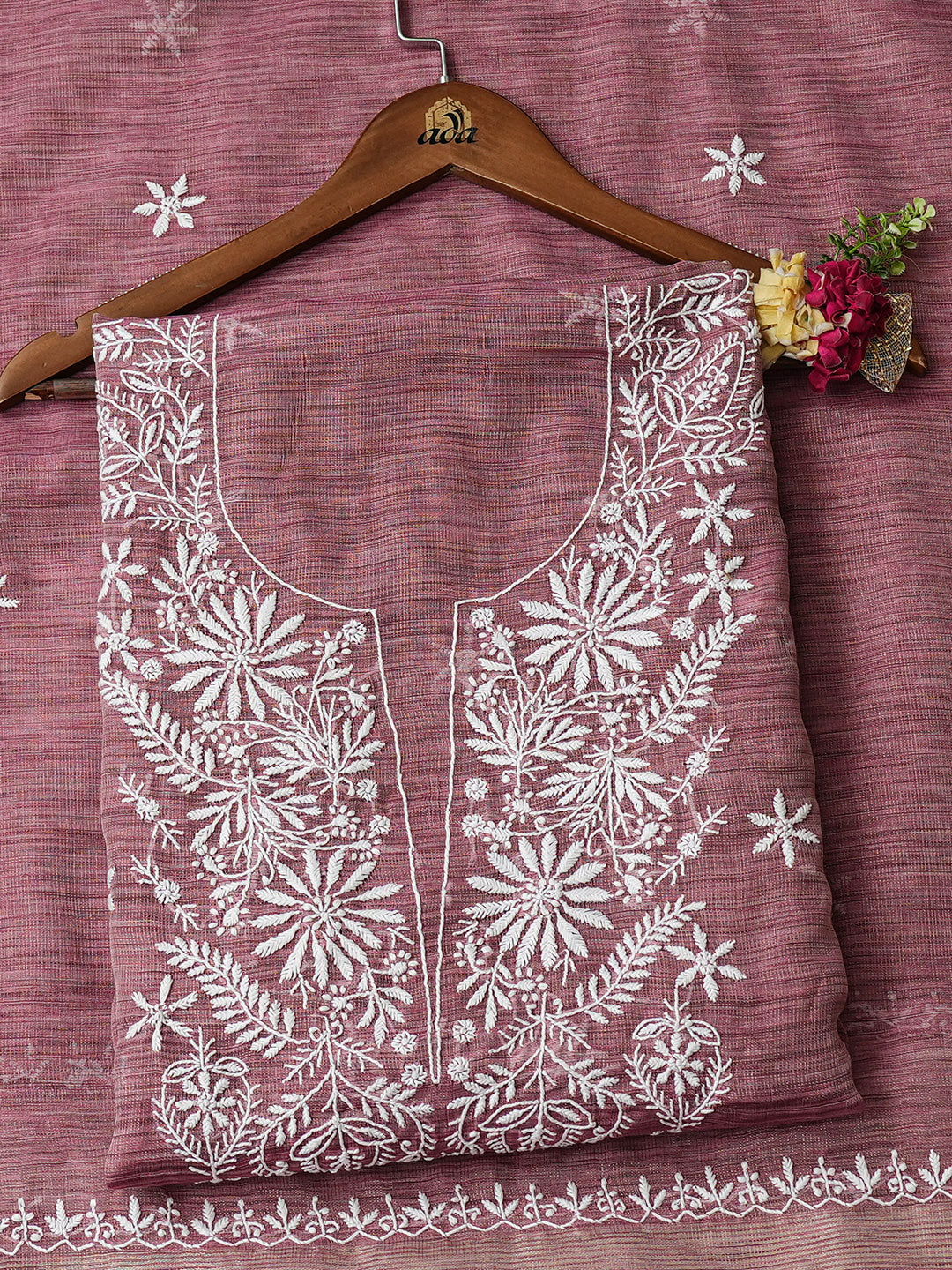 Ada Hand Embroidered Dusty Pink Tissue Lucknowi Chikankari Unstitched Kurta Dupatta Set 01A991631