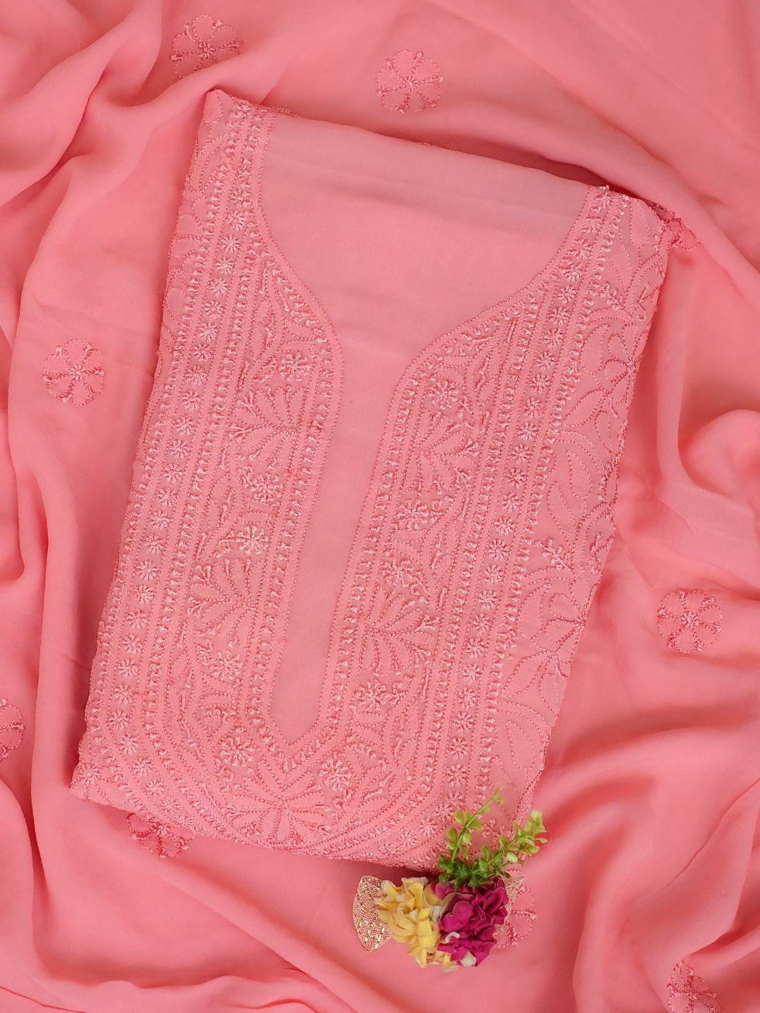 Ada Hand Embroidered Dusty Pink Viscose Georgette Lucknowi Chikankari Unstitched Kurta Dupatta Set 01A984102