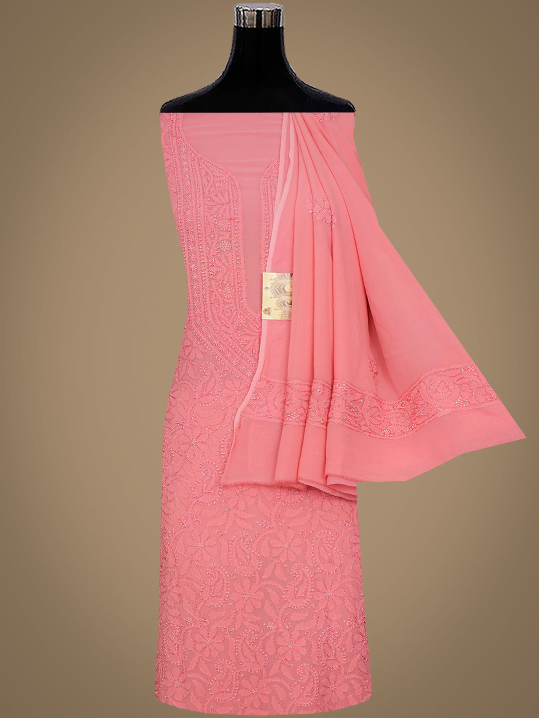 Ada Hand Embroidered Dusty Pink Viscose Georgette Lucknowi Chikankari Unstitched Kurta Dupatta Set 01A984102