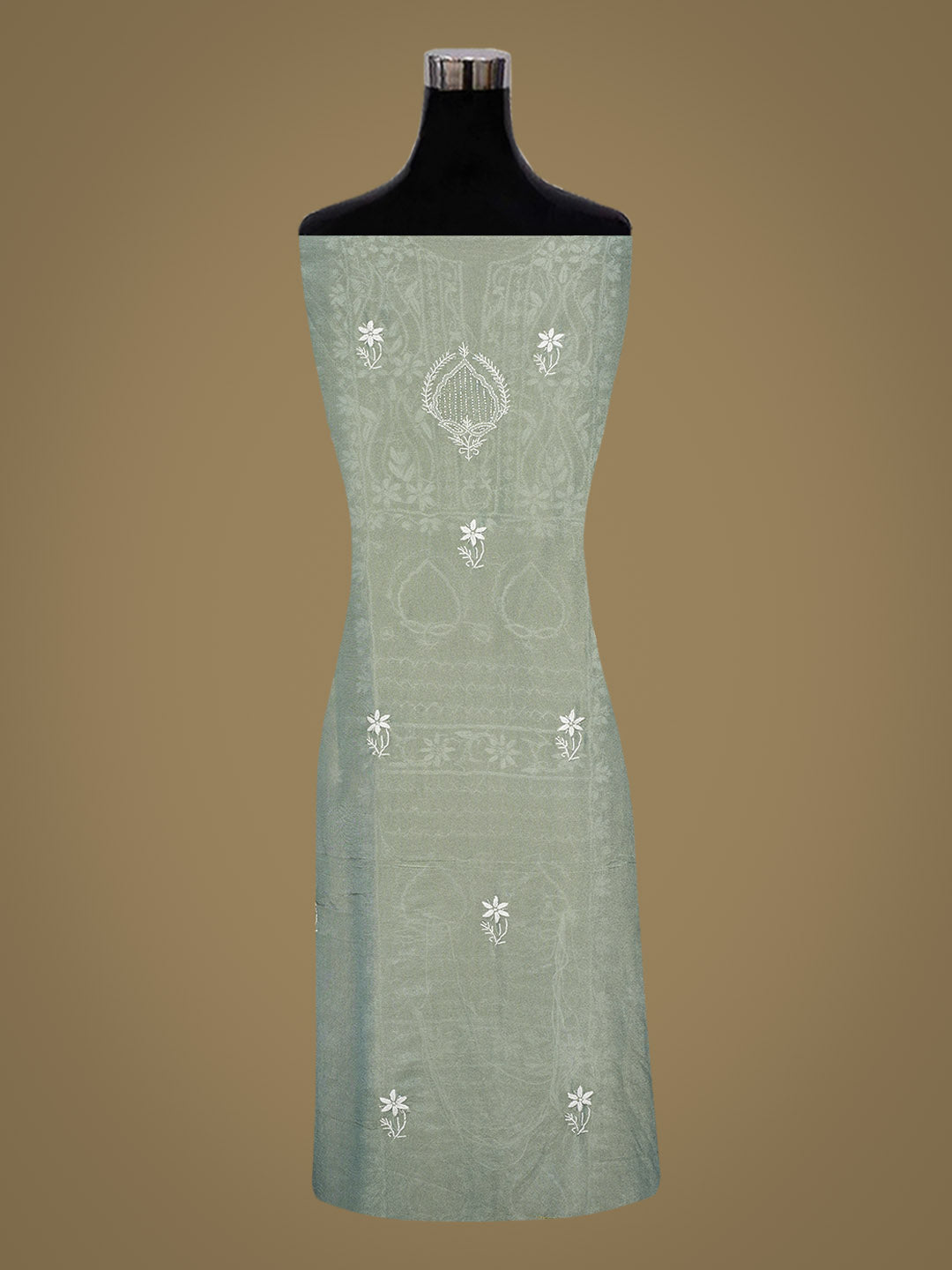 Ada Hand Embroidered Dusty Teal Tissue Lucknowi Chikankari Unstitched Kurta Dupatta Set With Cutdana Work 01A989900