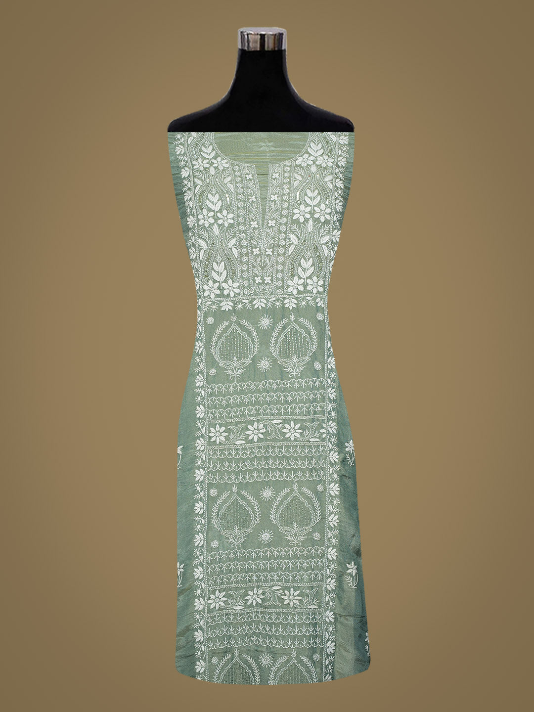 Ada Hand Embroidered Dusty Teal Tissue Lucknowi Chikankari Unstitched Kurta Dupatta Set With Cutdana Work 01A989900