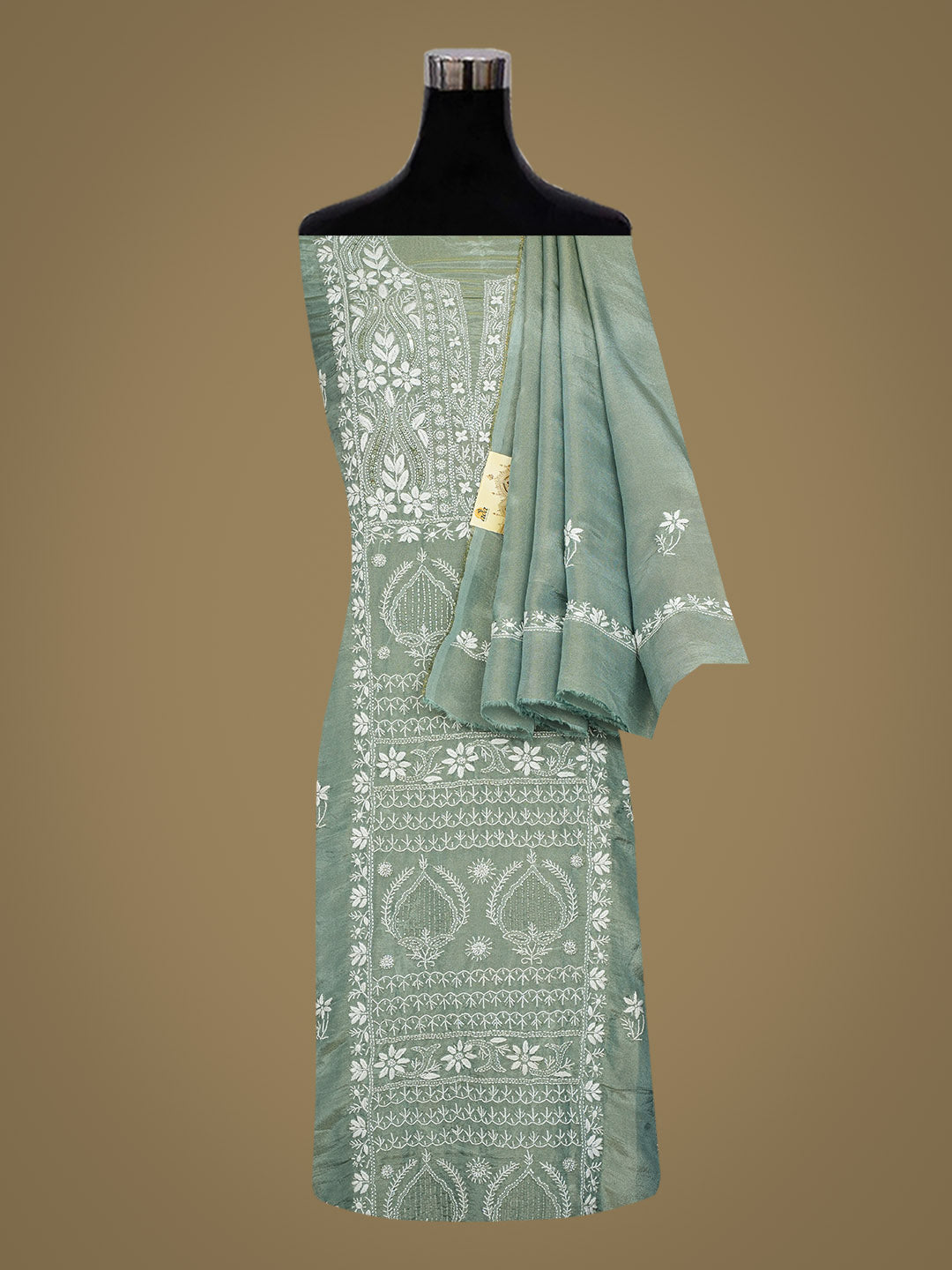 Ada Hand Embroidered Dusty Teal Tissue Lucknowi Chikankari Unstitched Kurta Dupatta Set With Cutdana Work 01A989900