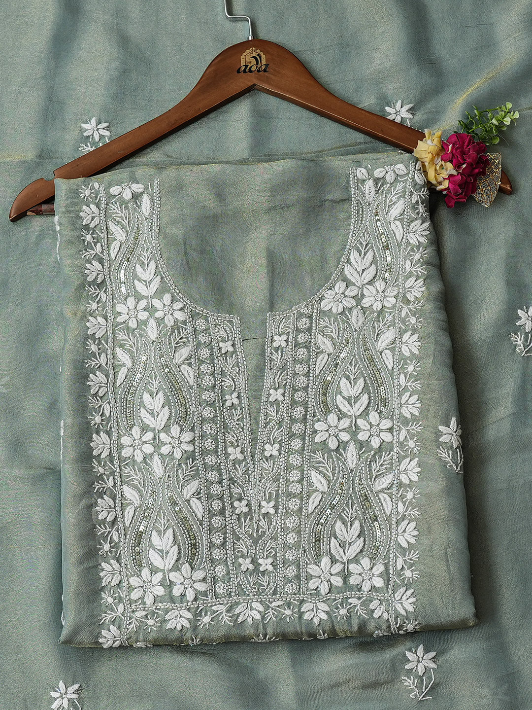 Ada Hand Embroidered Dusty Teal Tissue Lucknowi Chikankari Unstitched Kurta Dupatta Set With Cutdana Work 01A989900