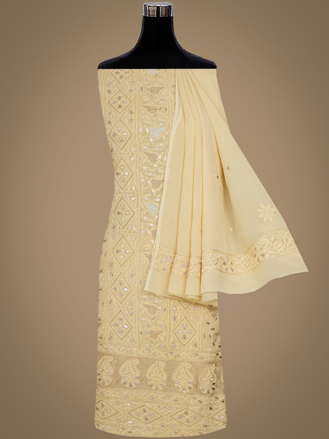 Ada Hand Embroidered Dusty Yellow Viscose Georgette Lucknowi Chikankari Unstitched Kurta Dupatta With Gota Patti Work 01A962454