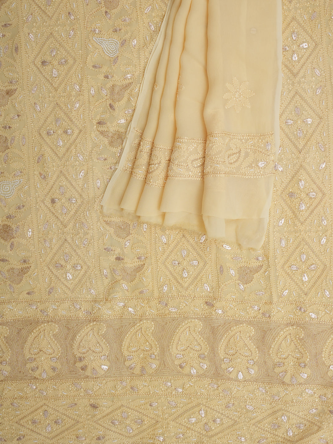Ada Hand Embroidered Dusty Yellow Viscose Georgette Lucknowi Chikankari Unstitched Kurta Dupatta With Gota Patti Work 01A962454