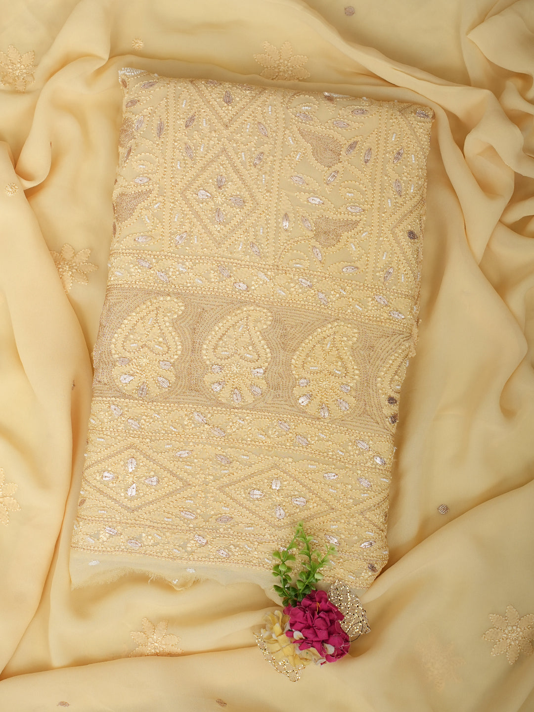 Ada Hand Embroidered Dusty Yellow Viscose Georgette Lucknowi Chikankari Unstitched Kurta Dupatta With Gota Patti Work 01A962454