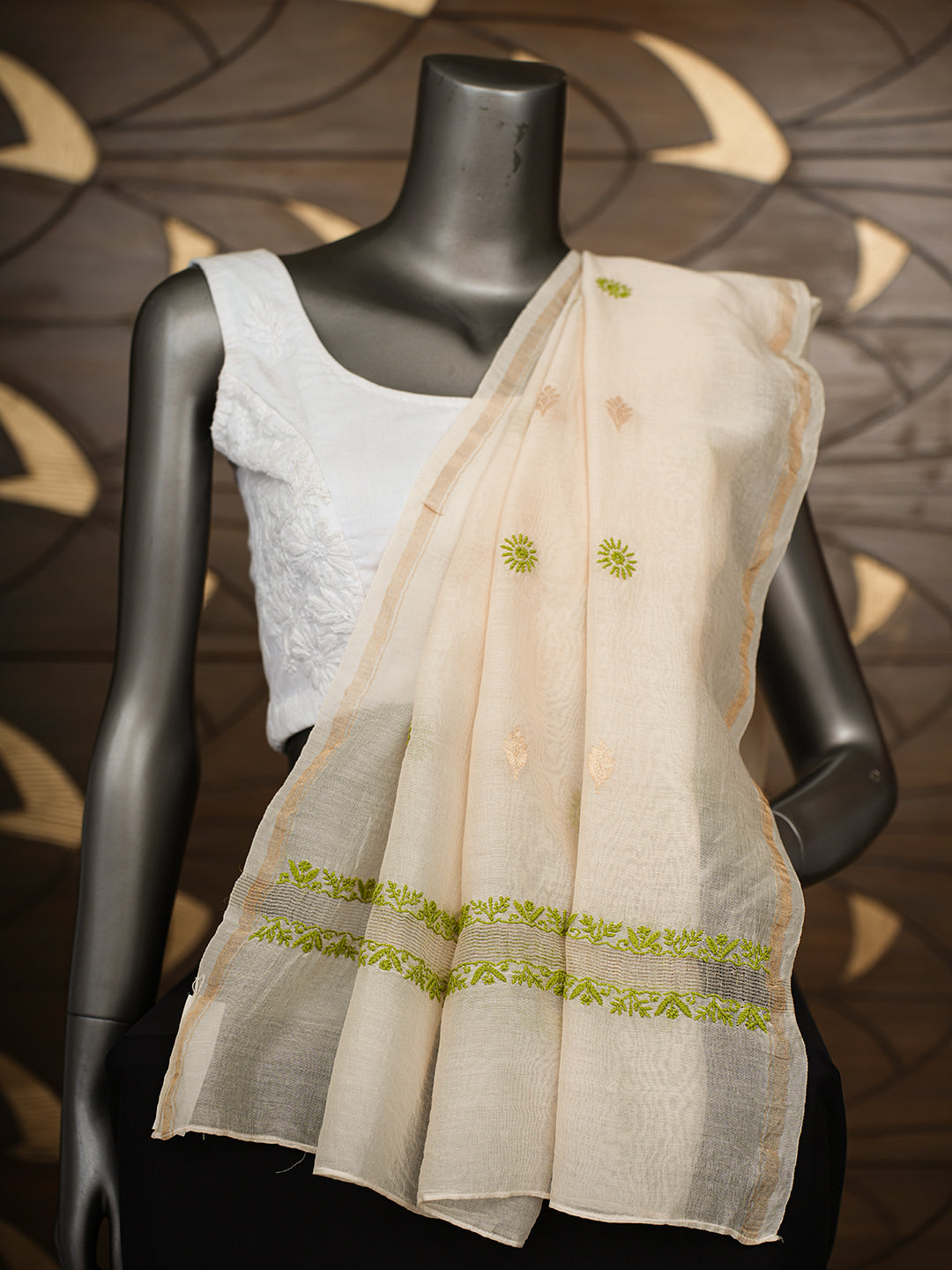 Ada Hand Embroidered Fawn Chanderi Lucknowi Chikankari Dupatta 07A501134