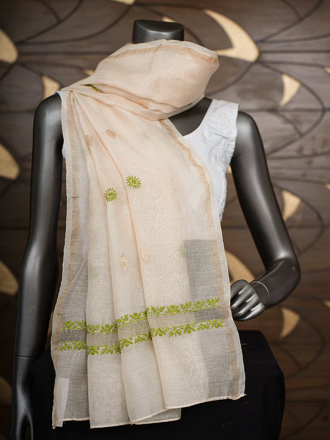 Ada Hand Embroidered Fawn Chanderi Lucknowi Chikankari Dupatta 07A501134
