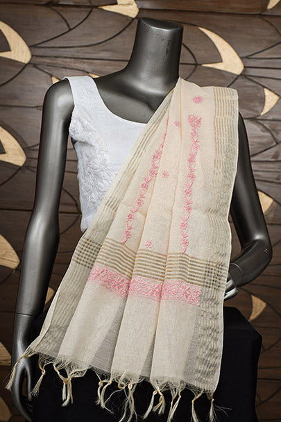Ada Hand Embroidered Fawn Chanderi Lucknowi Chikankari Dupatta 07A501221