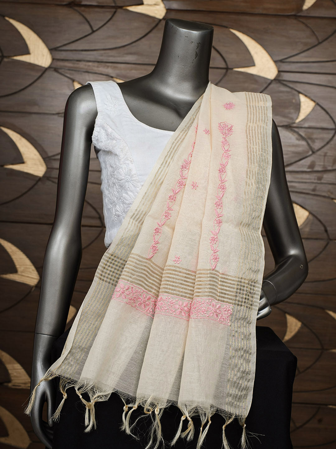 Ada Hand Embroidered Fawn Chanderi Lucknowi Chikankari Dupatta 07A501221