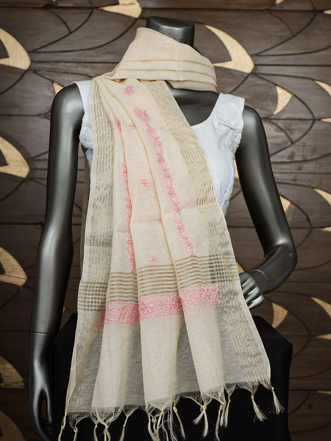 Ada Hand Embroidered Fawn Chanderi Lucknowi Chikankari Dupatta 07A501221