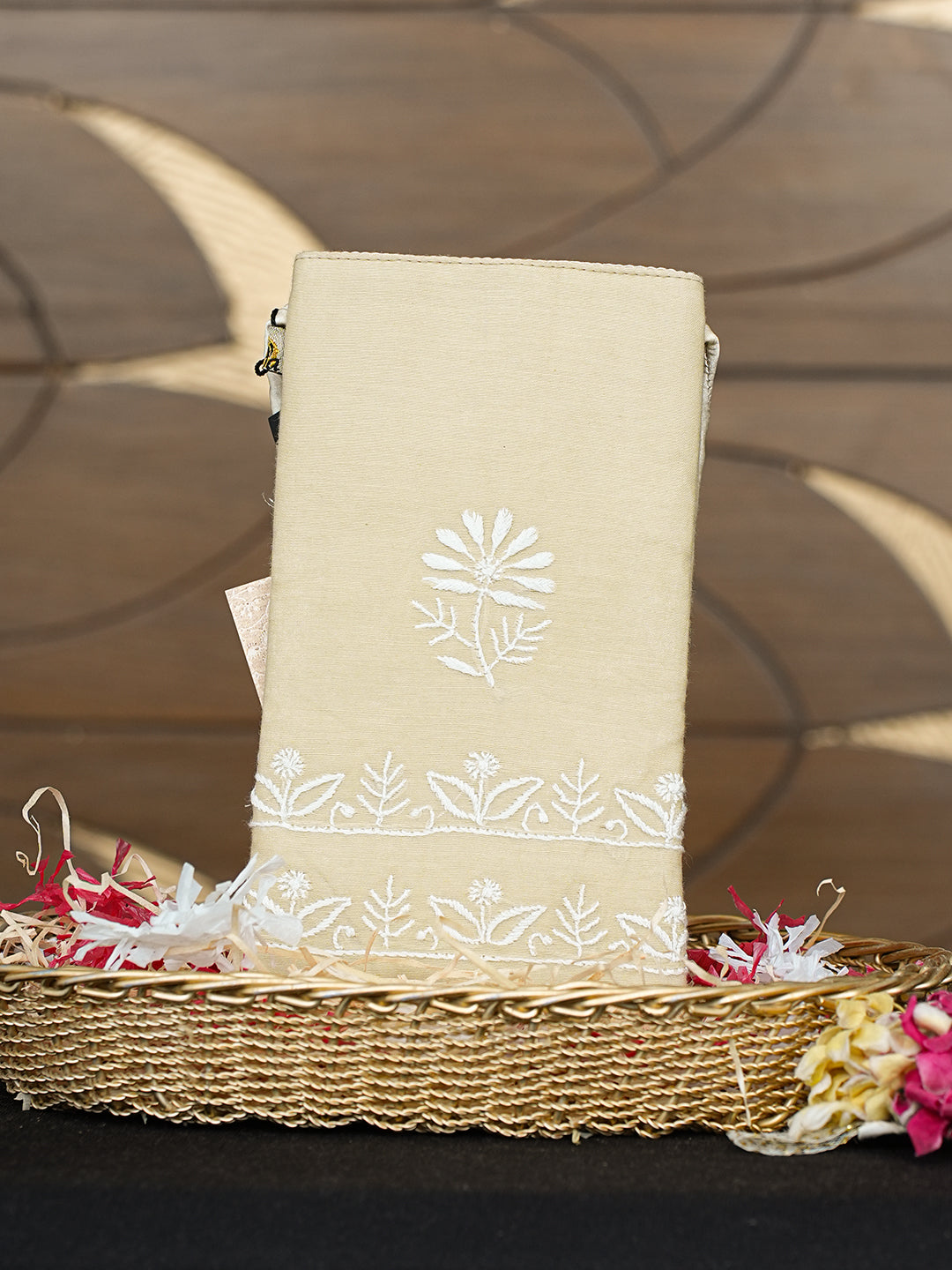 Ada Hand Embroidered Fawn Chanderi Lucknowi Chikankari Mobile Cover 01A965115