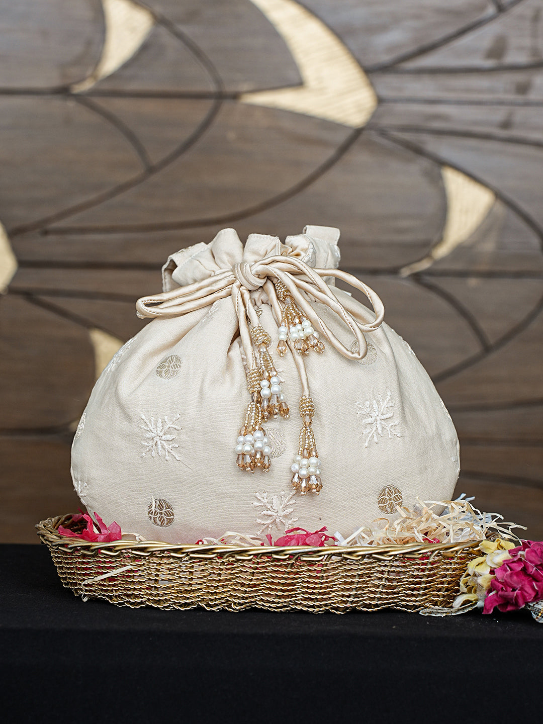 Ada Hand Embroidered Fawn Chanderi Lucknowi Chikankari Potli Bag 01A963465
