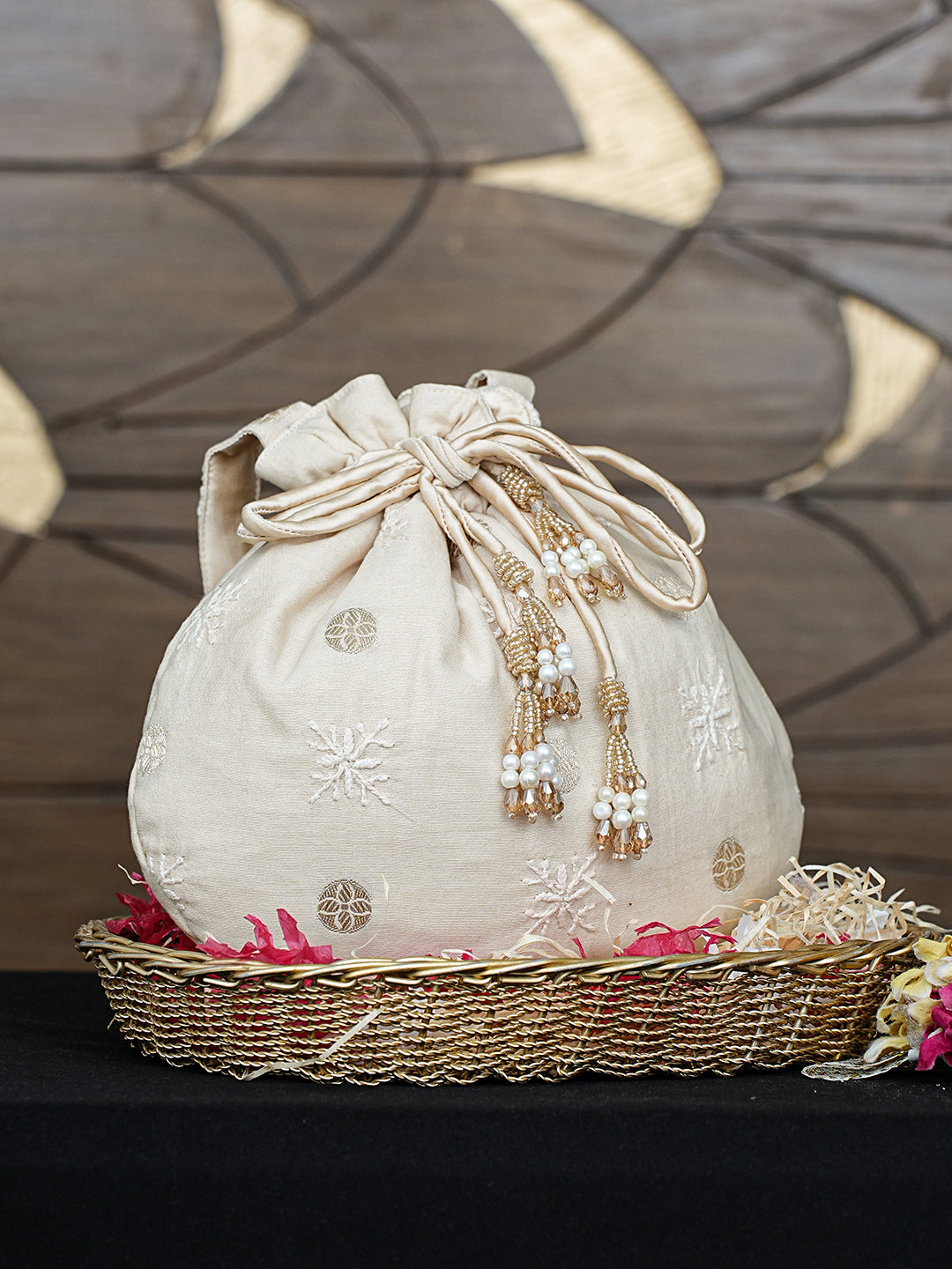 Ada Hand Embroidered Fawn Chanderi Lucknowi Chikankari Potli Bag 01A963465