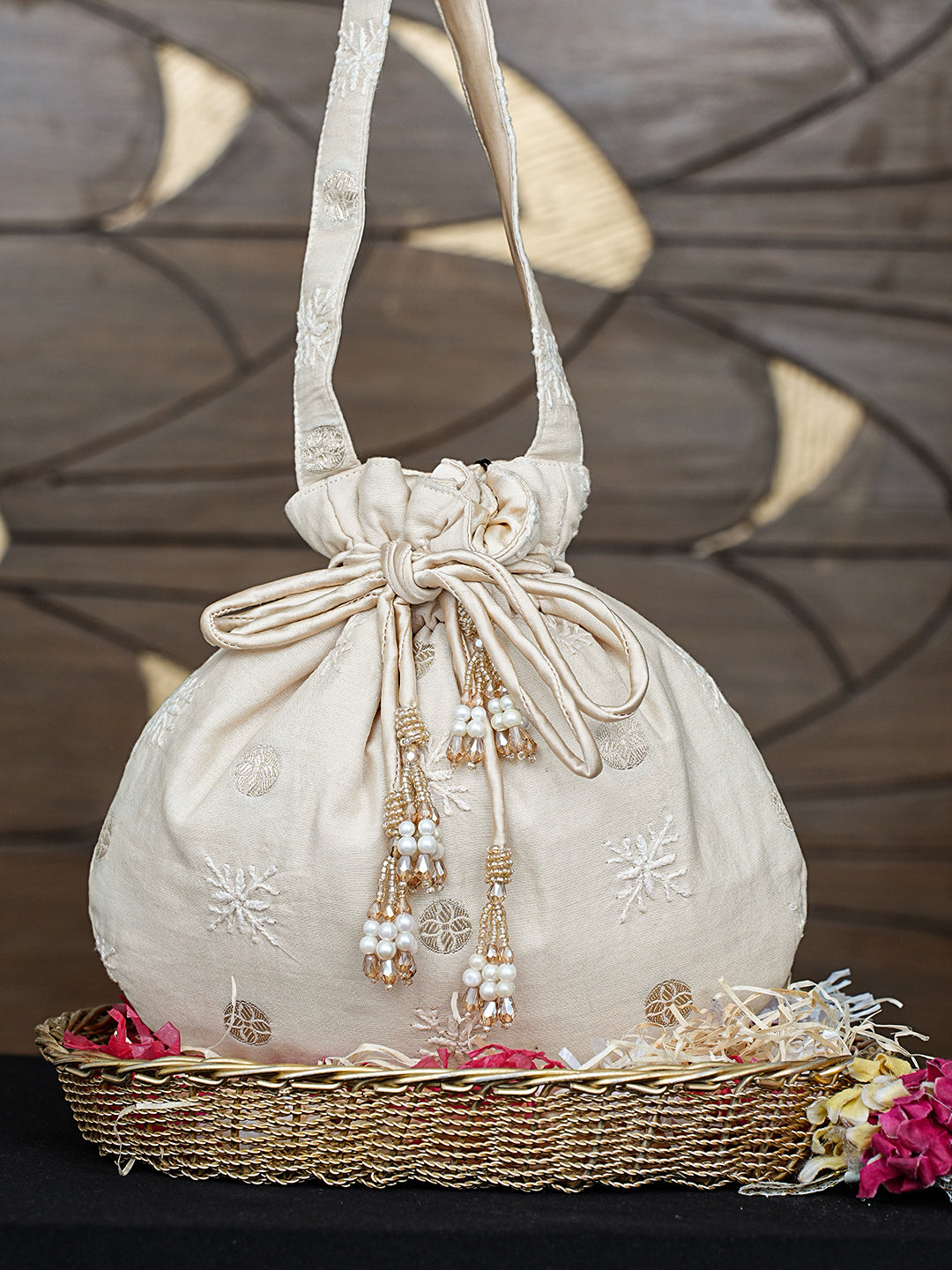 Ada Hand Embroidered Fawn Chanderi Lucknowi Chikankari Potli Bag 01A963465
