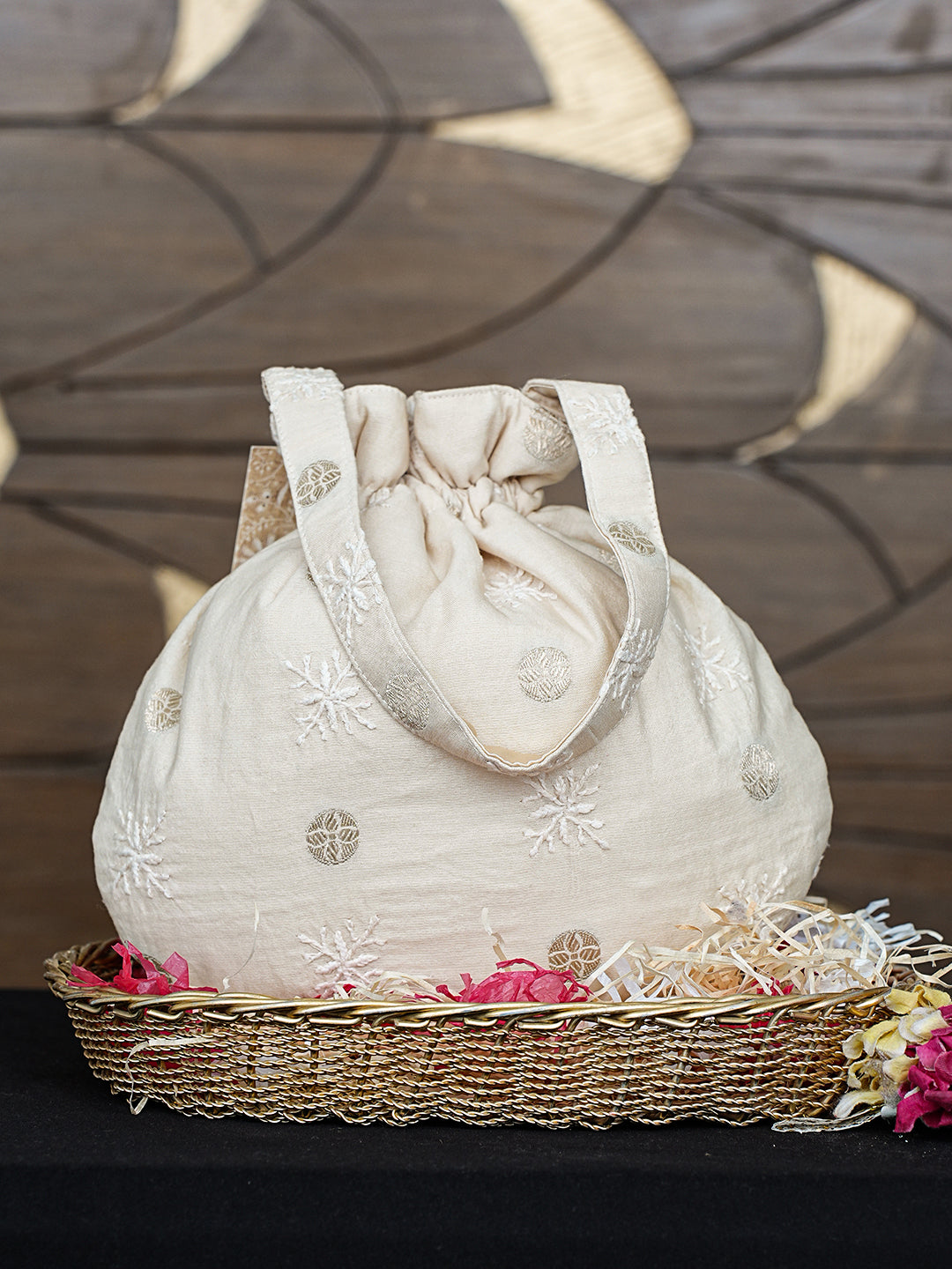 Ada Hand Embroidered Fawn Chanderi Lucknowi Chikankari Potli Bag 01A963465