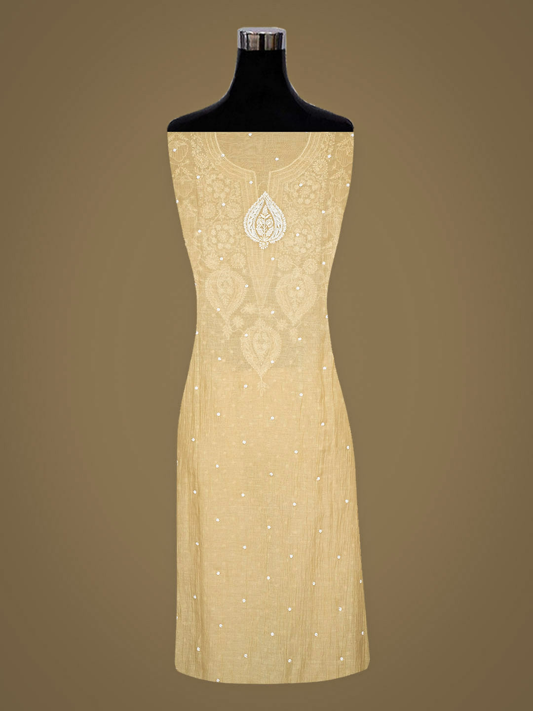 Ada Hand Embroidered Fawn Chanderi Lucknowi Chikankari Unstitched Kurta Dupatta Set With Pearl Work 01A987032