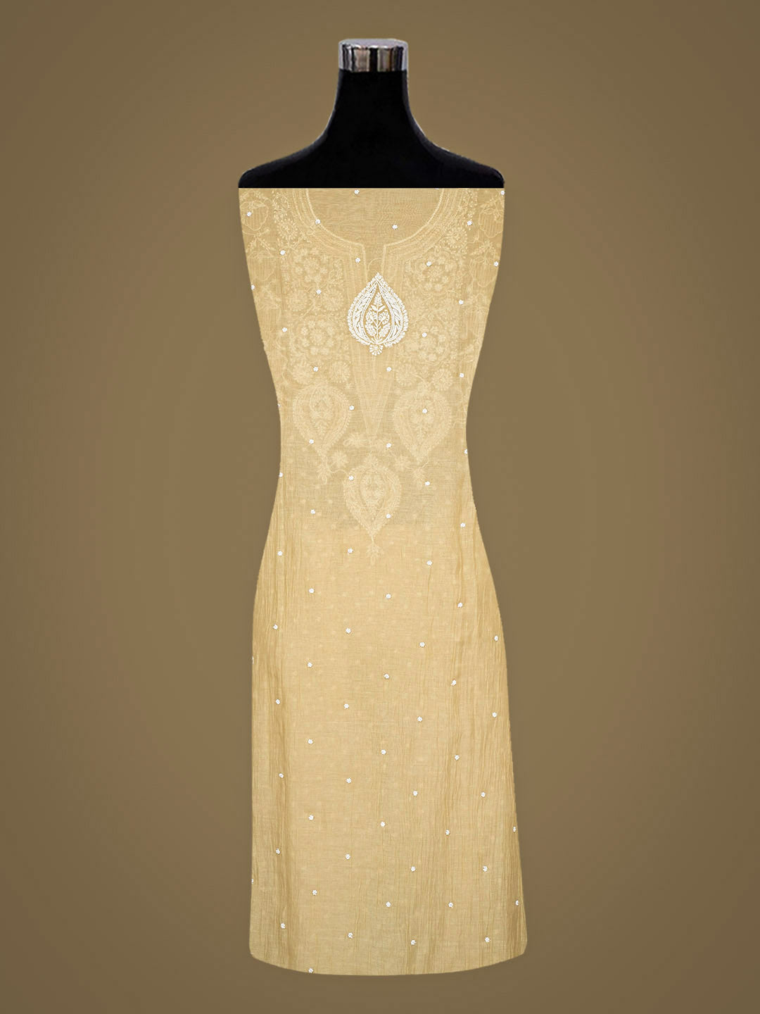 Ada Hand Embroidered Fawn Chanderi Lucknowi Chikankari Semi-Stitched Kurta Dupatta set with Pearl, Sequinned & Cutdana Work 01A987032