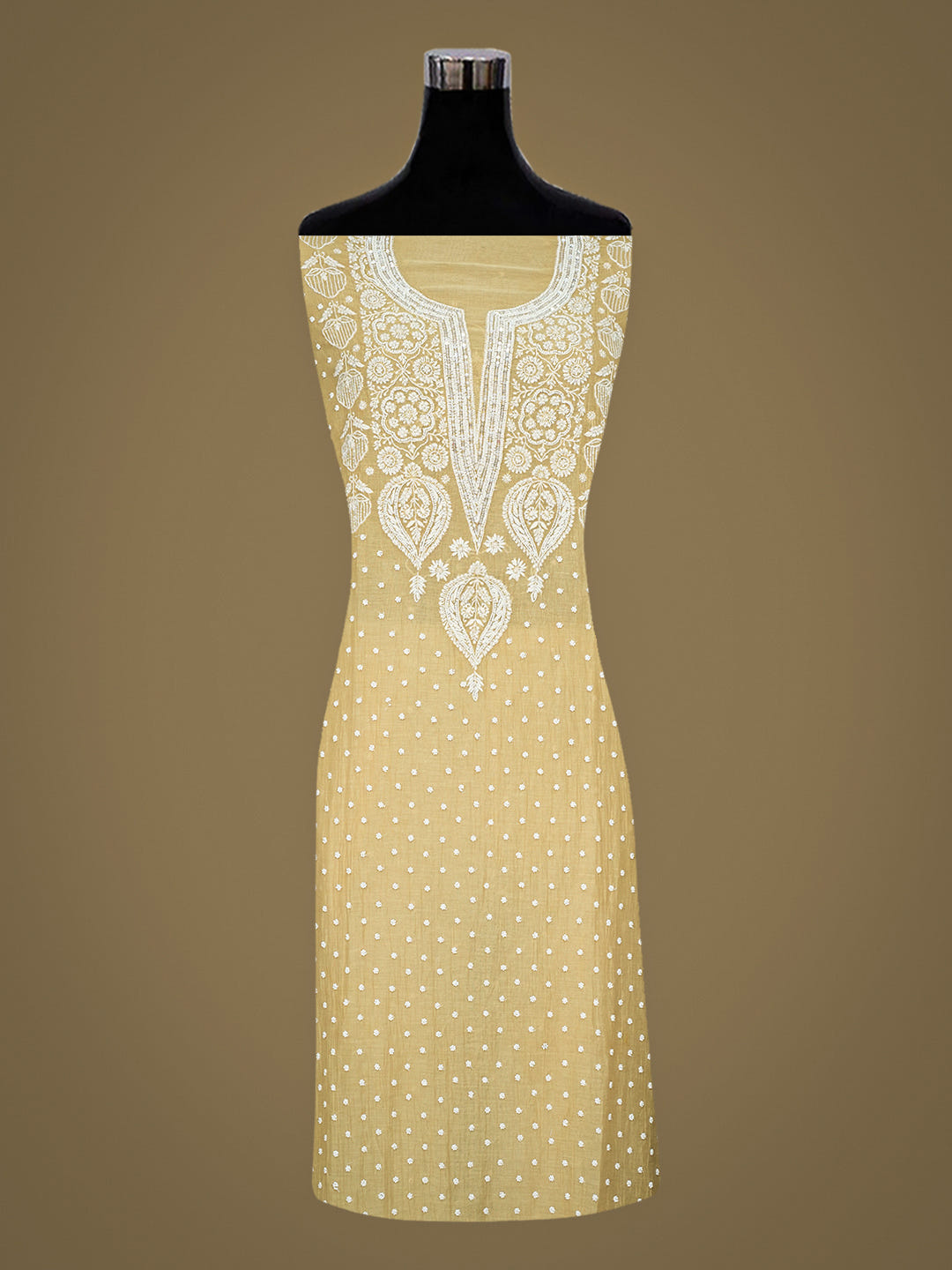 Ada Hand Embroidered Fawn Chanderi Lucknowi Chikankari Unstitched Kurta Dupatta Set With Pearl Work 01A987032